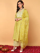 Women Yellow Silk Blend Solid Yoke Design Flared Kurta Palazzos With Dupatta